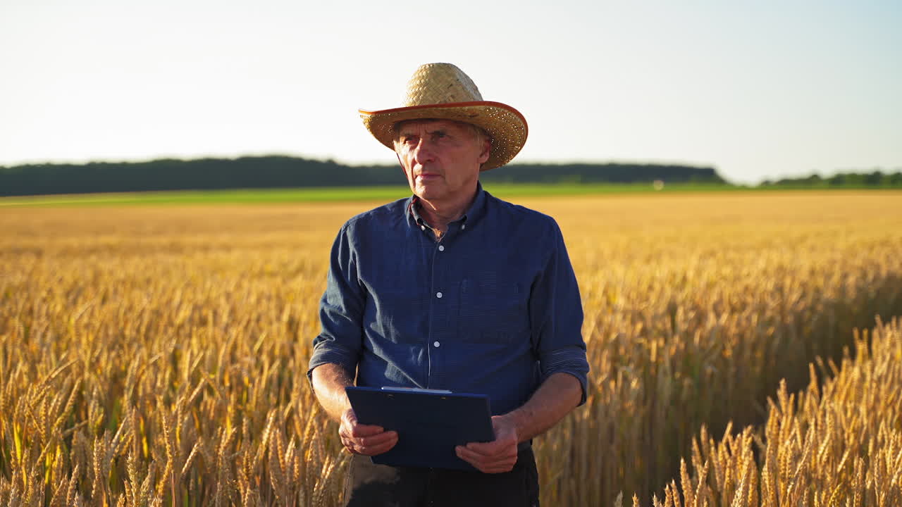 Man in hat in the yellow field. Thoughtful farmer standing with a folder in ripe wheat field. Cereal cultivation.