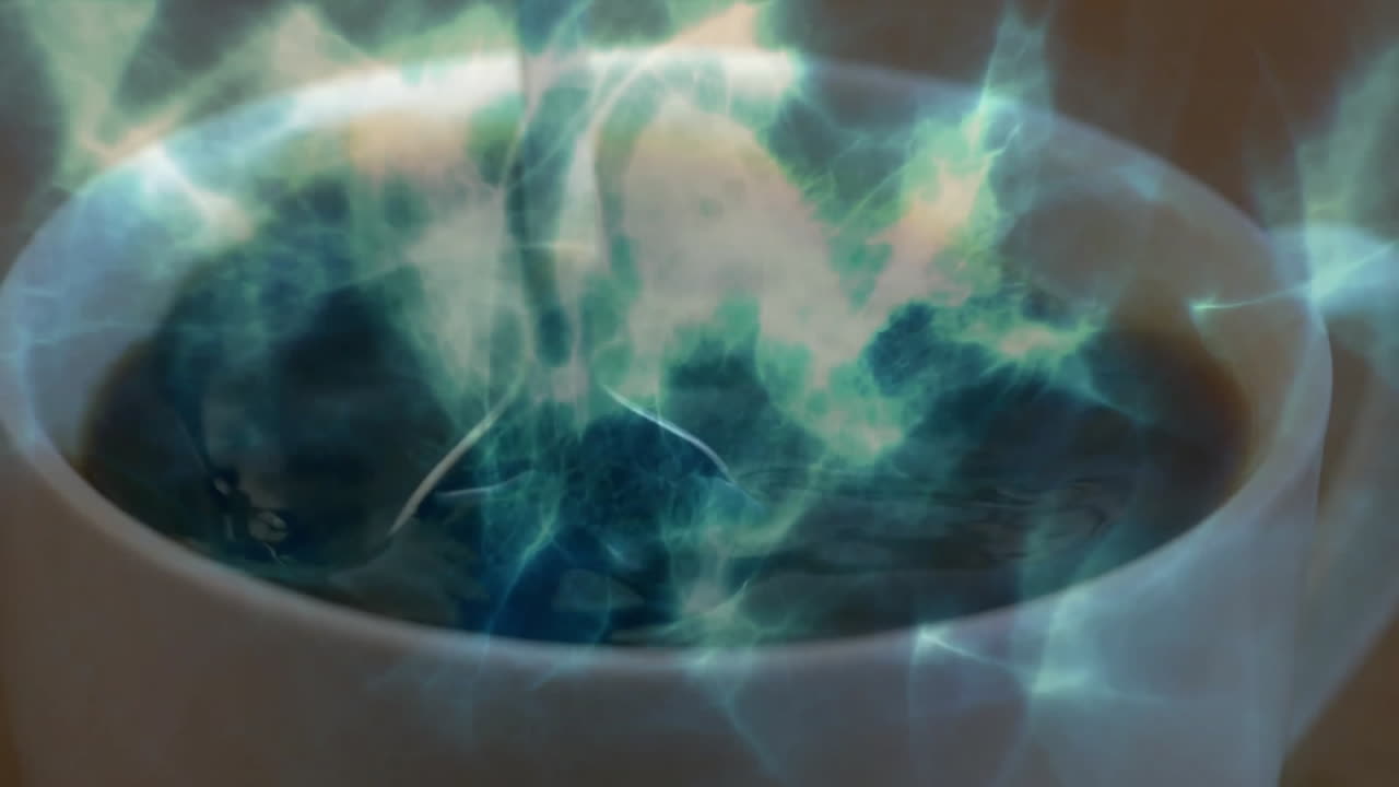 Blue-green energy swirling inside ceramic cup, creating glowing plasma vortex in 3D render