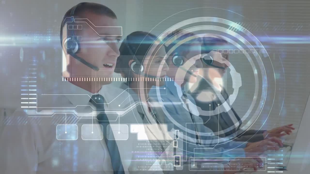 animación del procesamiento de datos financieros sobre personas de negocios que trabajan en la oficina