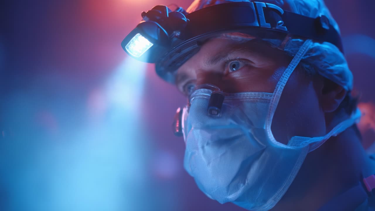 A focused individual wearing a headlamp and face mask, illuminated by dramatic colored lights, symbolizes bravery and dedication in a challenging environment
