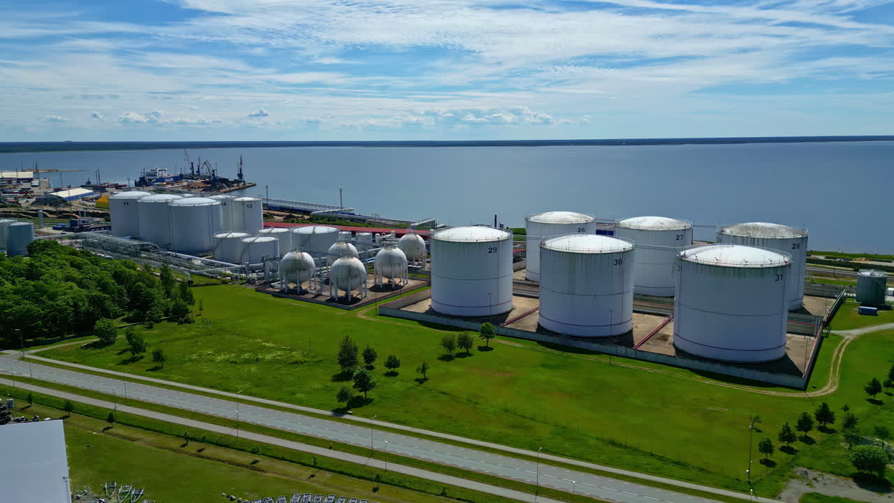 Industrial power plant seen from above in Paldiski Estonia, with the baltic sea in the background on a sunny day
