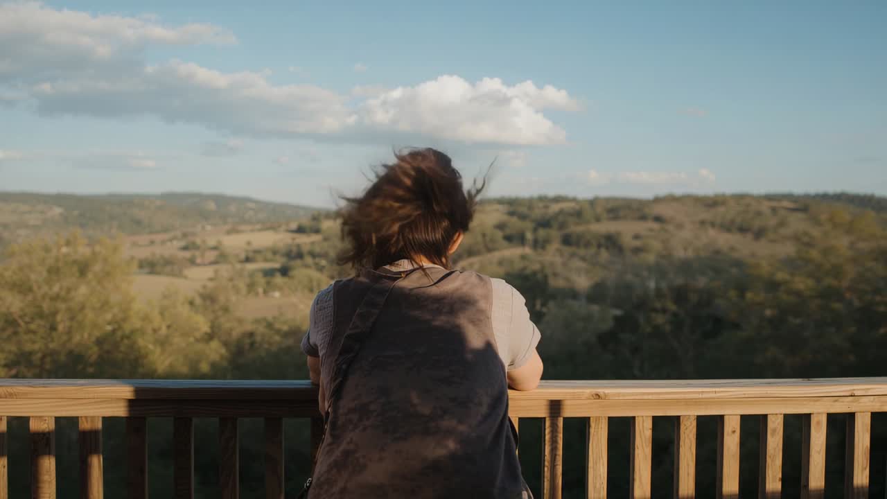 Leaning woman wearing short top, vest viewing valley at wooden rail, breeze lifting hair, bag strap