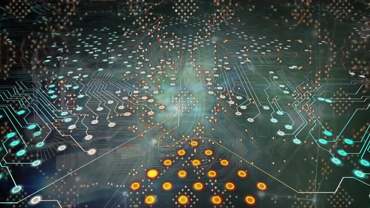 анимация платы компьютерной схемы через сеть соединений на черном фоне