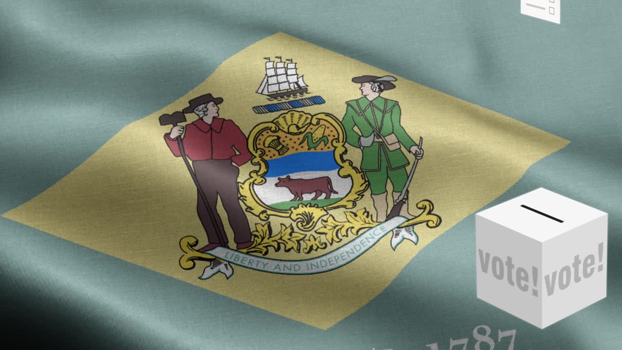 델라웨어 주 (delaware state) - 투표용지가 델라웨어 선택을 위해 상자에 날아갑니다. - 발 앞에 있는 투표용지 - 선거 - 투표 - 국가 발 델라웨이 주 (delaware state) 파동 패턴 루프 가능한 요소 - 직물 질감과 끝없는 루프 - 델라베이어 주 루프 가능한 발