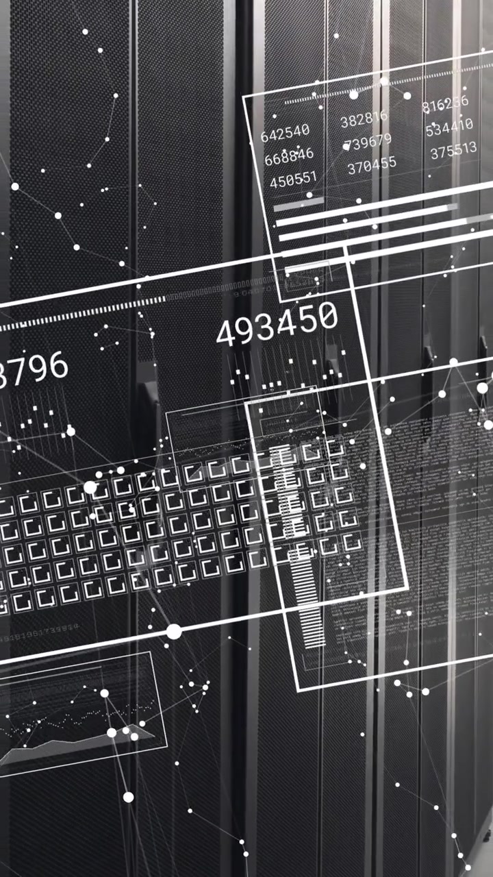 Animation of interface with data processing and network of connections against computer server room