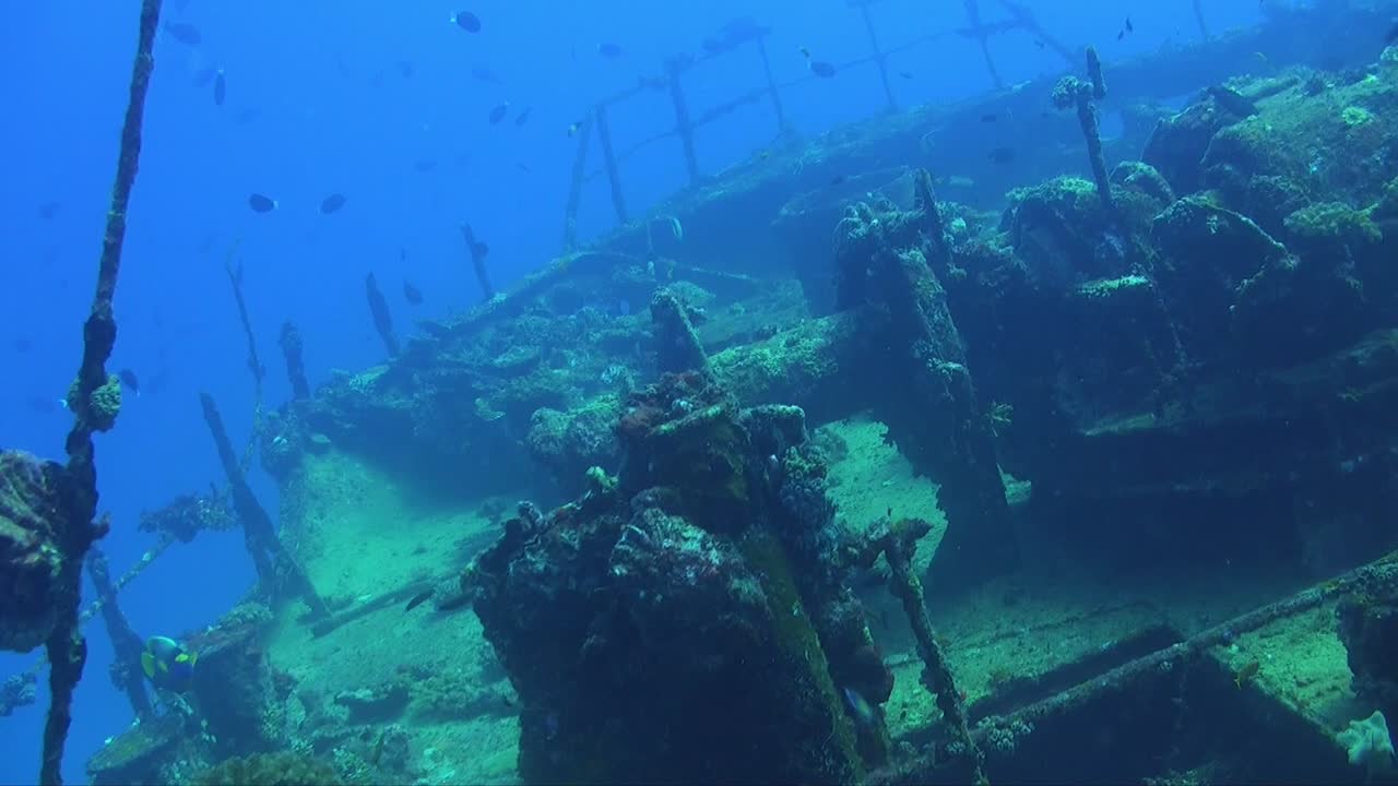 깊고 푸른 바다에서 해저에 누워 난파선 위로 표류