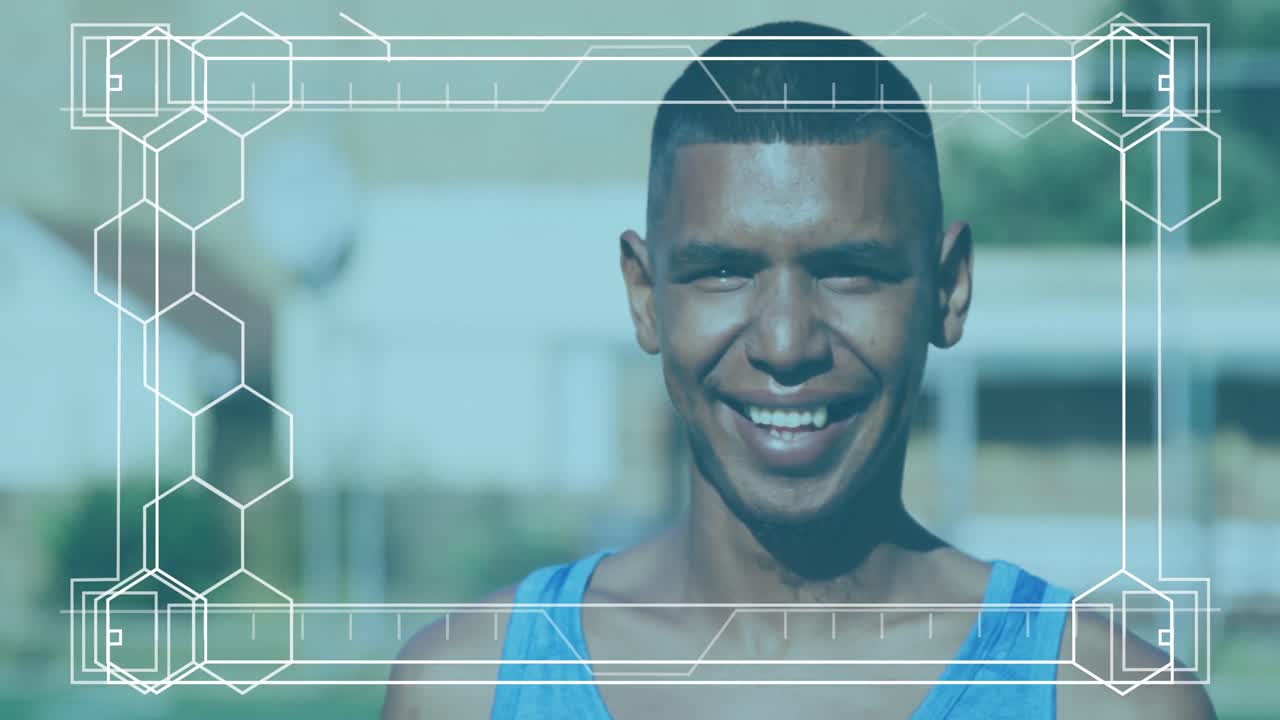 Animation of frame with markers over portrait of smiling male football player