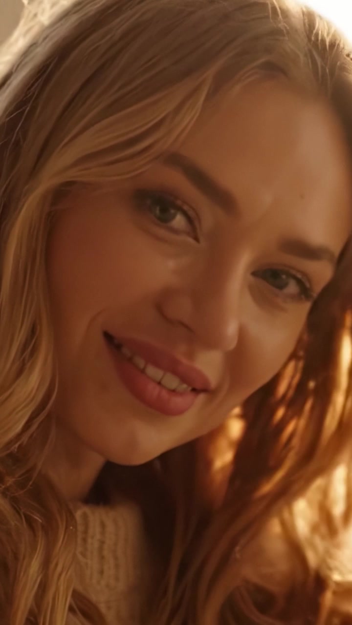 Una giovane donna bellissima che sorride sullo sfondo di un tramonto caldo, irradiando positività e gioia in un'ambientazione dalla luce soffusa.