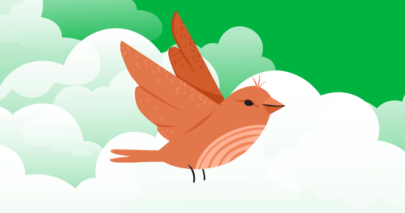 Animação digital de ícone de pássaro laranja voando contra ícones de nuvens em um fundo preto.