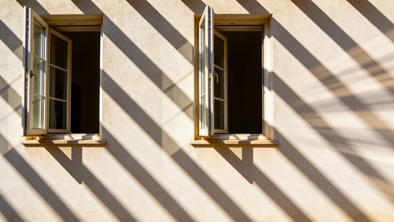 Luce solare cangiante che proietta ombre diagonali su una parete di stucco color crema, con due finestre a battente aperte.