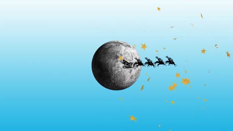 Animation-of-golden-stars-over-santa-claus-in-sleigh-being-pulled-by-reindeers-against-moon