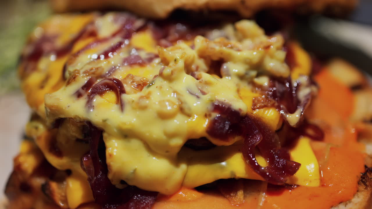 Close up of a loaded burger with melted cheese, caramelised onions, and a creamy sauce on a toasted bun