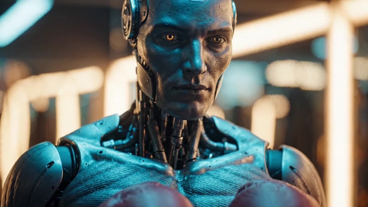 Un robot boxeur futuriste passe d'une posture de combat sportive à un état de réflexion pensif, présentant une mécanique avancée et des émotions dans un environnement high-tech