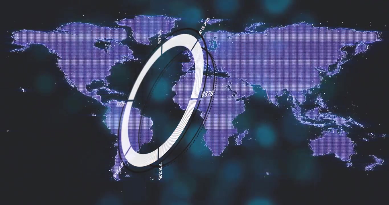 On start, rotating white segmented ring sweeping purple map, orbit lines moving, visualizing data