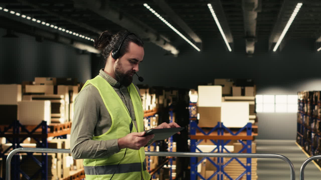 Trabajador de almacén con auriculares usando una tableta para la gestión de inventario