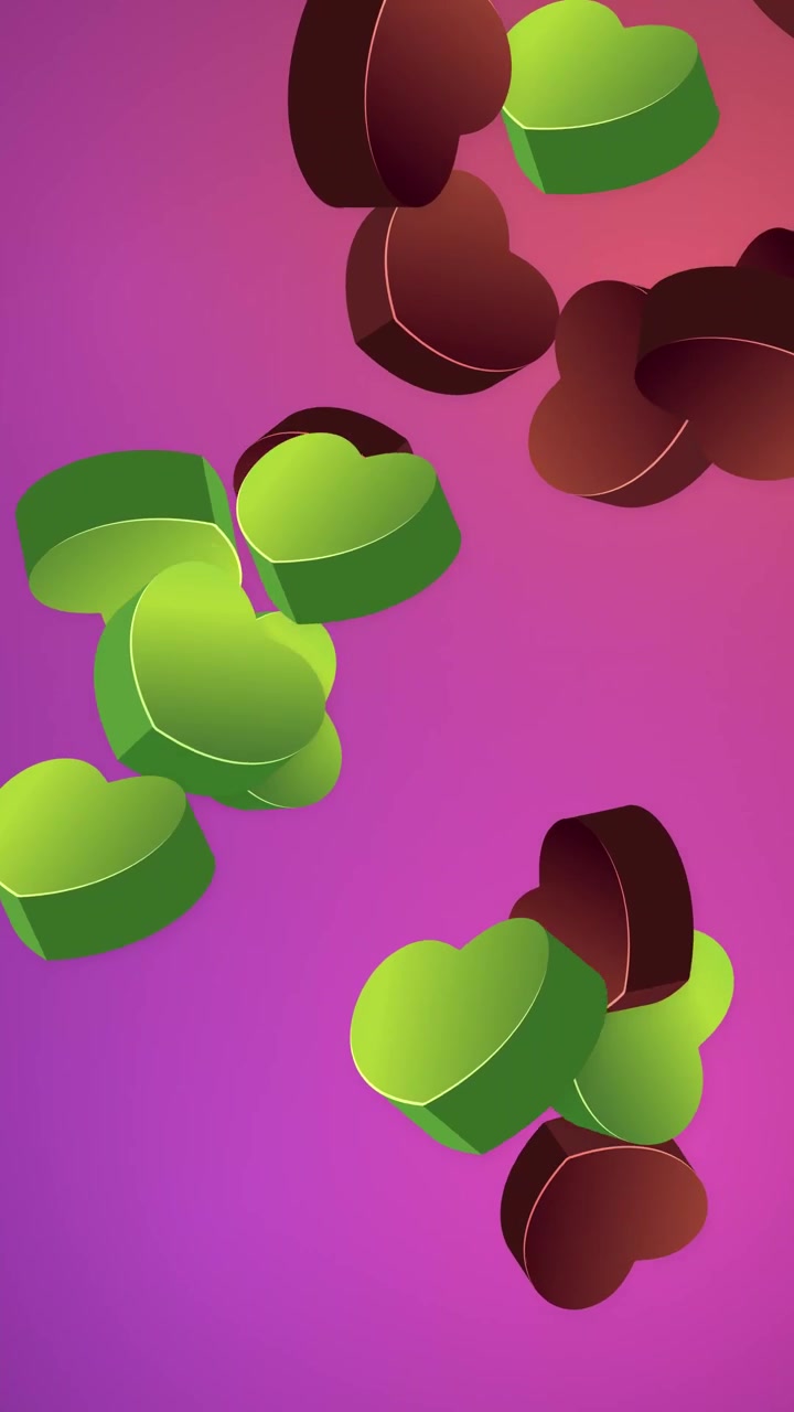 Formas de coração verdes e marrons animadas em 3D caem sobre um fundo de malha gradiente roxo vibrante.