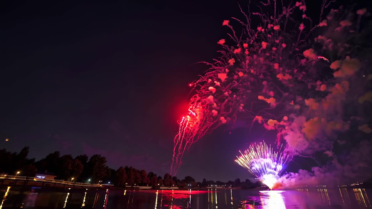 A wide-angle shot captures vibrant fireworks bursting over a calm lake at night, reflecting vivid
