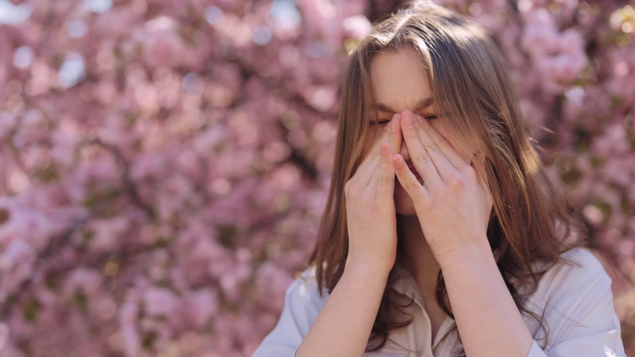 Woman with hands covering face under cherry blossoms