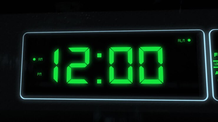 High quality CGI render of a digital alarm clock, with glowing green numbers, ticking over from 11