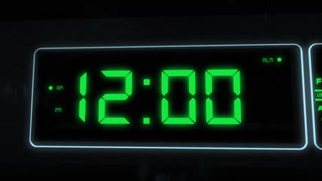 High-quality-CGI-render-of-a-digital-alarm-clock,-with-glowing-green-numbers,-ticking-over-from-11