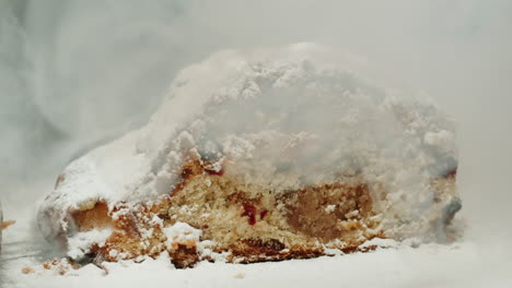 freshly baked stollen with smoke