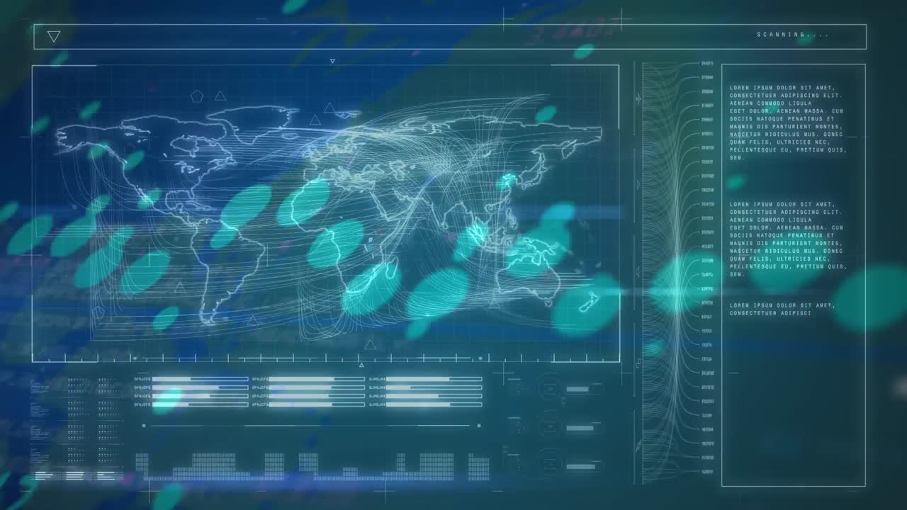 Animation of digital interface with data processing over world map against blue background