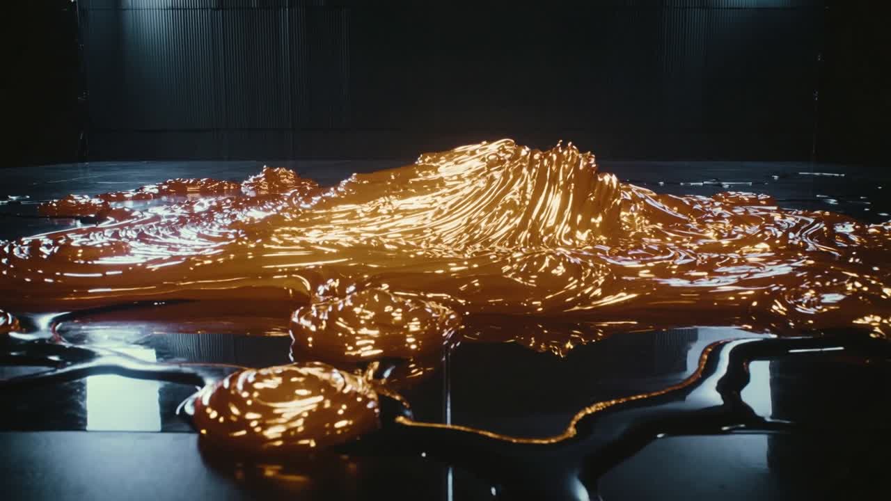 Oro fuso che scorre formando un cumulo centrale su piastrelle nere lucide, con le luci posteriori che si accendono.
