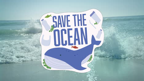 animation of save the ocean text with whale and plastic bottles over sea and beach