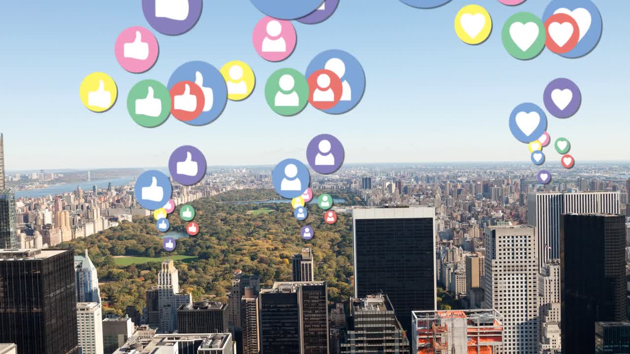 Città con icone di social media volanti 4k