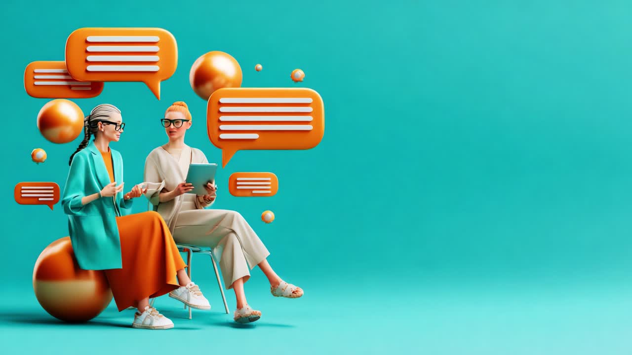 Engaging in Digital Dialogue: Two Stylized Figures Communicate with Thought Bubbles in a Vibrant Setting, Showcasing Modern Interaction and Creative Exchange