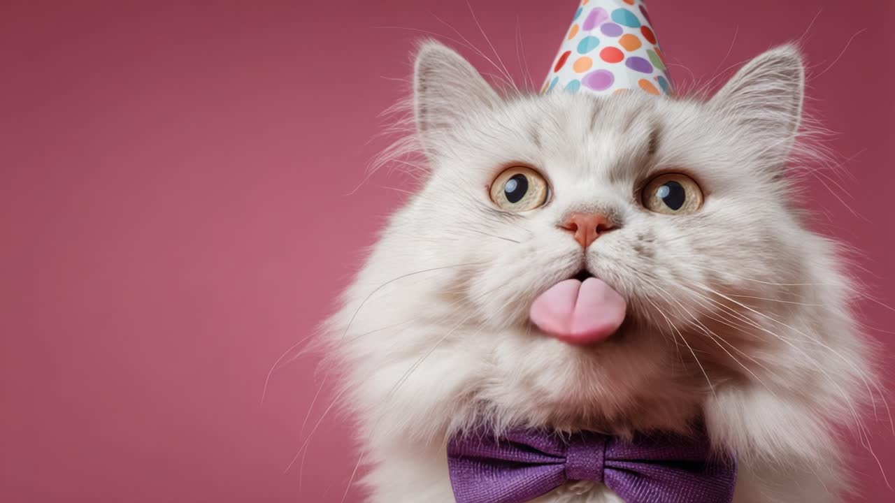 Perayaan yang Unik: Kucing Putih Menggemaskan dengan Topi Pesta dan Dasi Kupu-Kupu dengan Ekspresi Ceria Menangkap Esensi Kegembiraan dan Keriaan