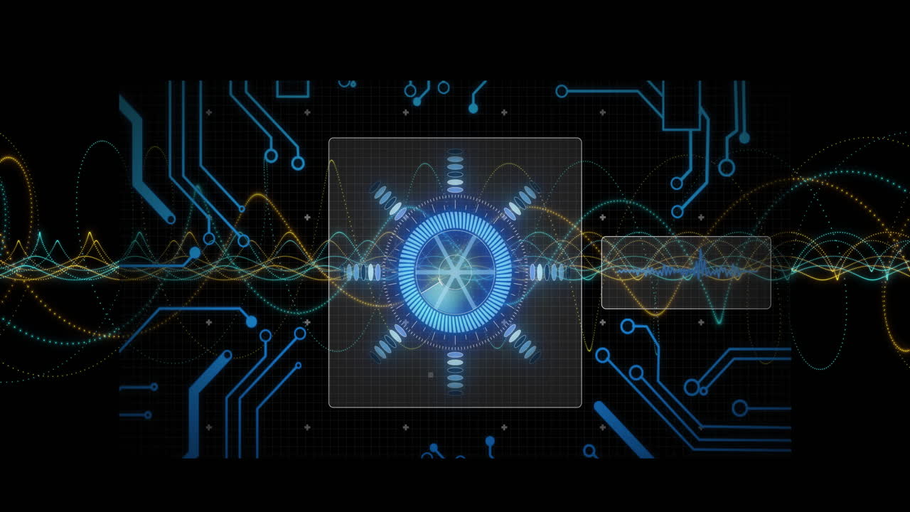 Futuristic blue hub being animated on dark grid, with teal, yellow, green waveforms, circuit lines