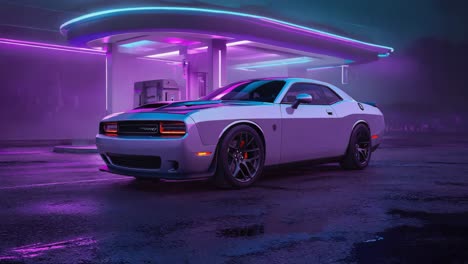 dodge challenger under neon lights