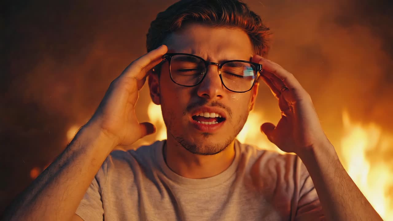 Man experiencing stress and anxiety with fire background