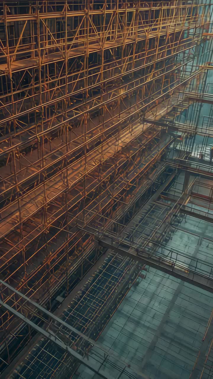 Vertical video: Camera panning down revealing orange scaffold in construction shaft, with rebar