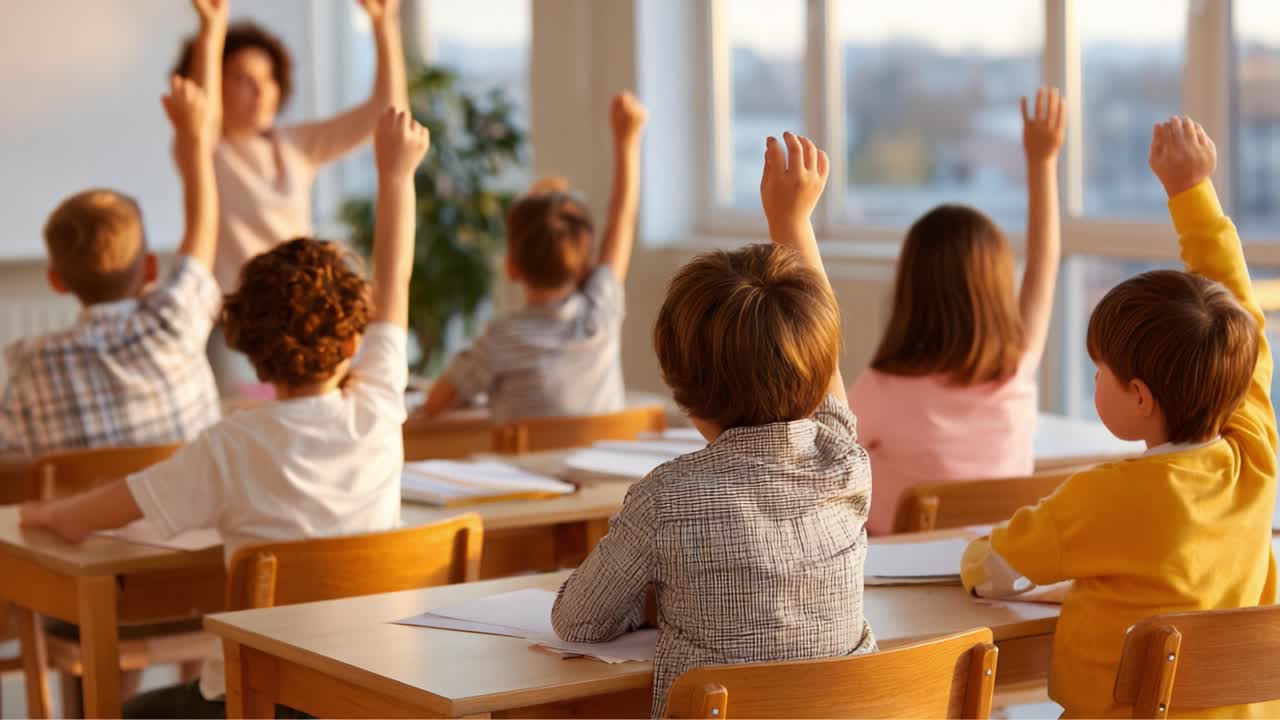 Engaged Students Actively Participating in Classroom Discussion with Raised Hands, Demonstrating Eagerness to Learn and Share Ideas in a Bright, Inviting Environment