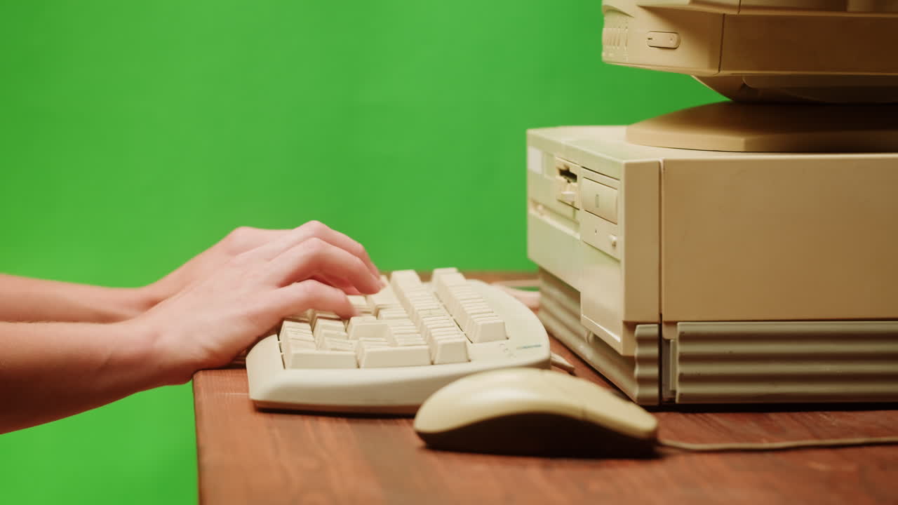 Person using a vintage desktop computer