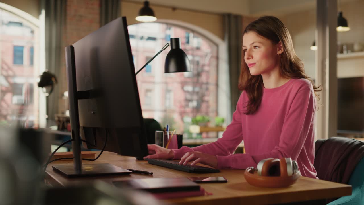 Young Beautiful Adult Woman in Pink Jumper Working from Home on Desktop Computer. Creative Female Checking and Writing Emails. Loft Apartment with Urban City View from Big Window. Static Shot.