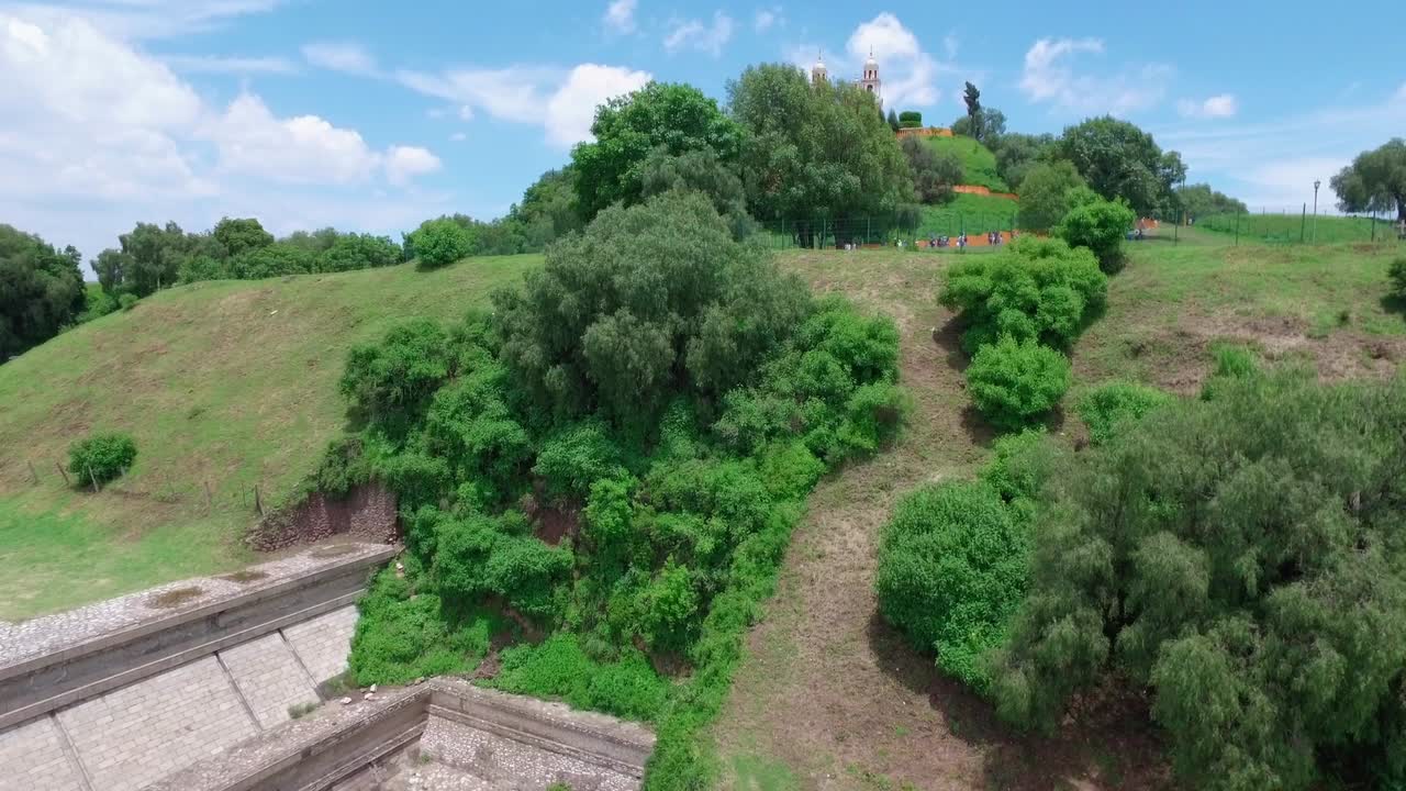 Aerial view of an archaeological zone in Cholula, Puebla