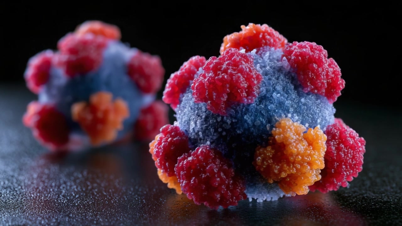 Primo piano dettagliato di una struttura virale microscopica, che ne evidenzia le complesse caratteristiche superficiali e le colorate protrusioni proteiche in un'illuminazione drammatica.
