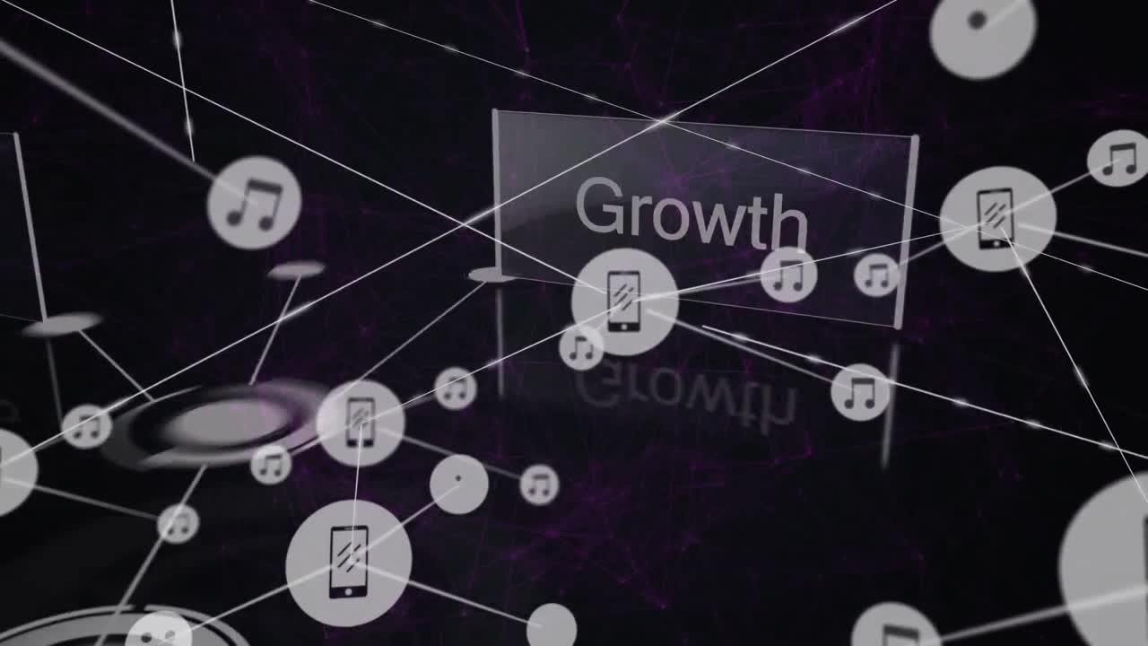 animación de la red de conexiones con iconos y texto de crecimiento en fondo oscuro.