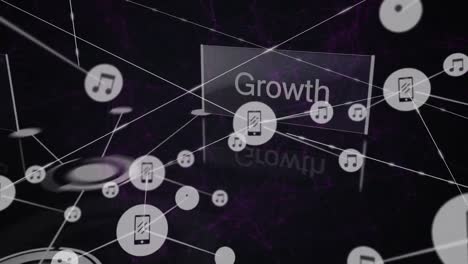 Animation-Des-Verbindungsnetzwerks-Mit-Symbolen-Und-Wachstumstext-Auf-Dunklem-Hintergrund
