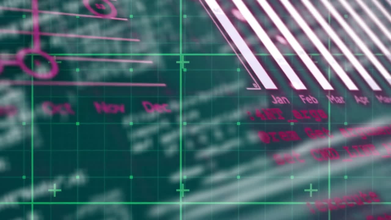 Animation of data processing over grid on green background