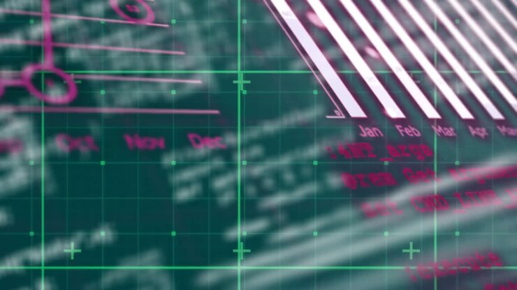 Animation of data processing over grid on green background