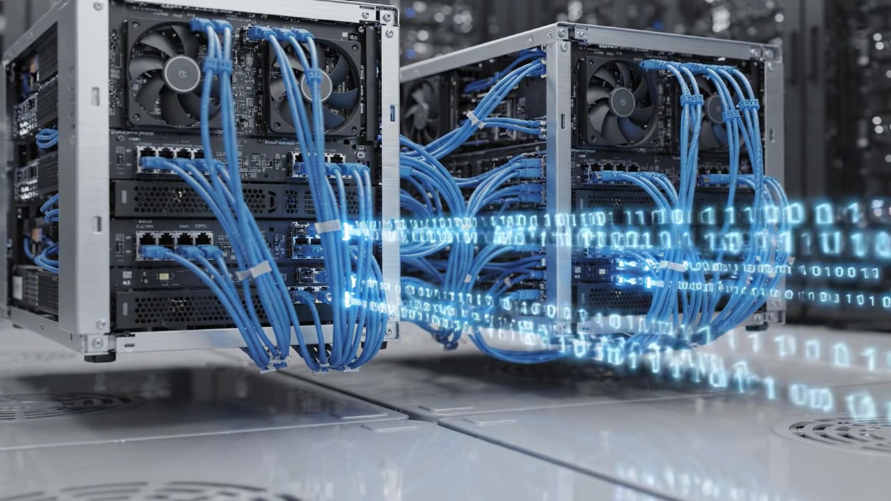 Data Transmission in Action: High-Performance Servers with Networking Cables and Digital Data Flow Representing Advanced Technology and Server Communication.