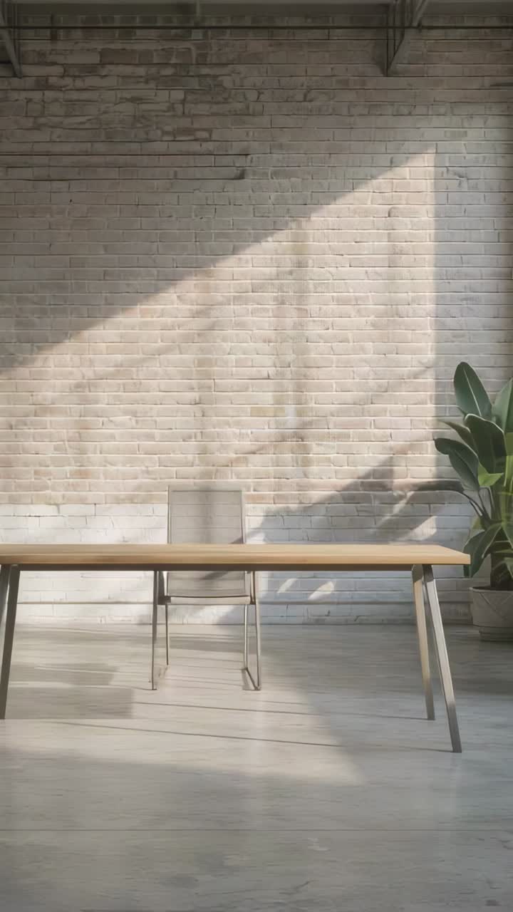 Vertical video: Shifting sun shaft crossing loft studio, lighting wooden table with metal chair