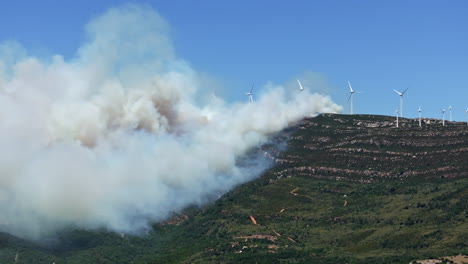 wildfire engulfs the mountain peak of valdevaqueros in tarifa, spain. flames rage to the summit due to extreme heat and dryness, creating a dramatic and destructive scene.