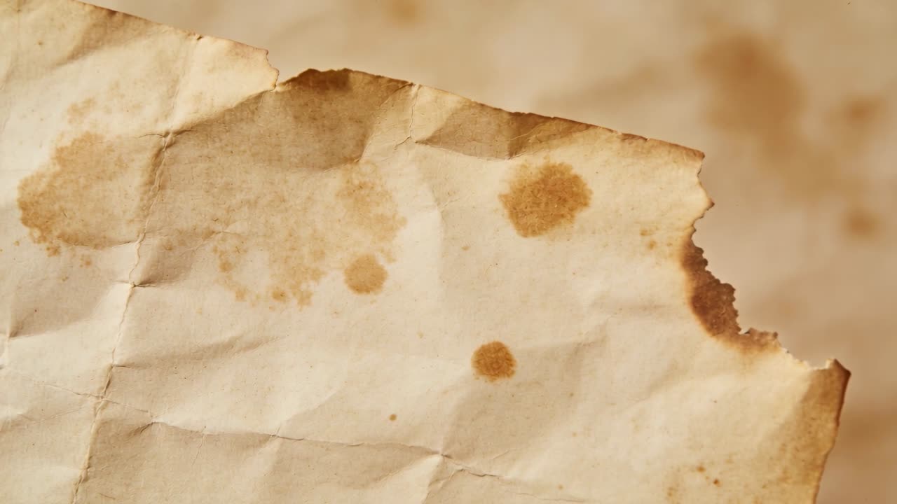Shifting camera revealing creased sheet of paper on tabletop emphasizing brown stains and torn edge