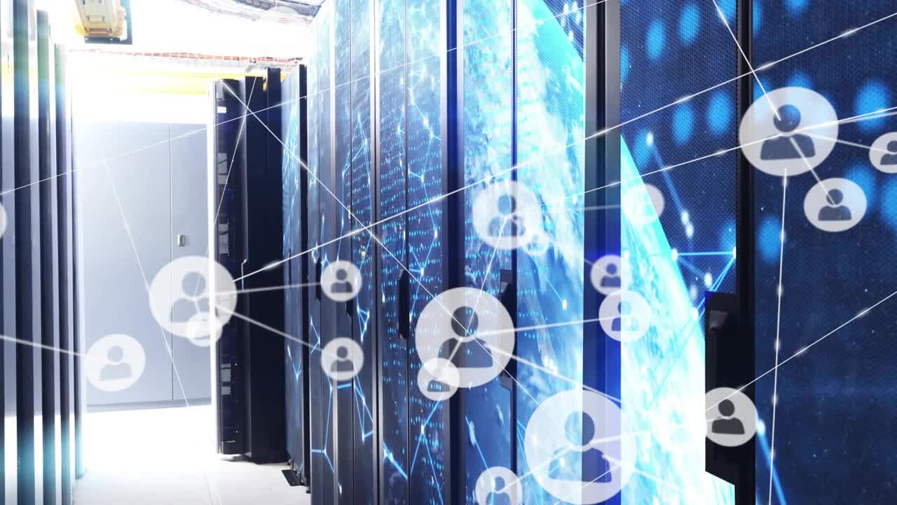 Doorway sparking racks displaying LED globe while user icons multiplying connecting to show network