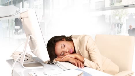 Animation-of-sleeping-biracial-businesswoman-in-office-over-people-walking-and-cityscape